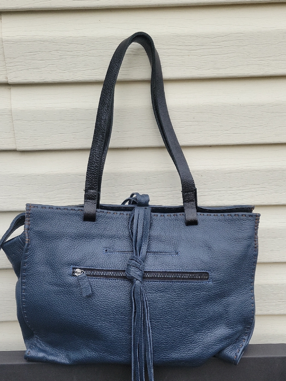 Carla Mancini Navy Leather Tote Bag with Fringe Detail